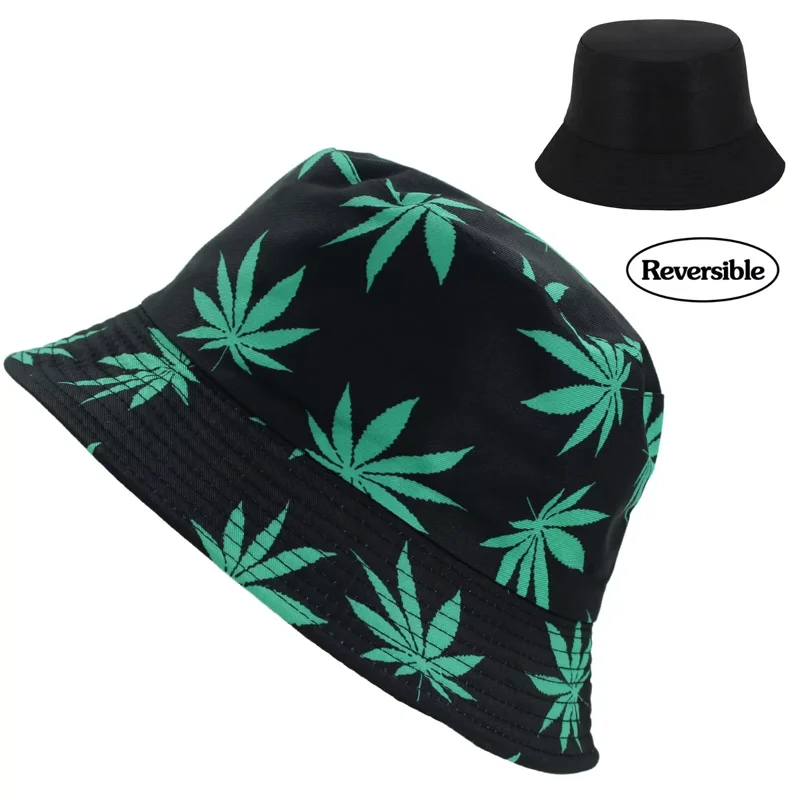 Marijuana Cannabis Weed Reversible Bucket Hat - Foldable Fisherman Style - One Size - Acrylic