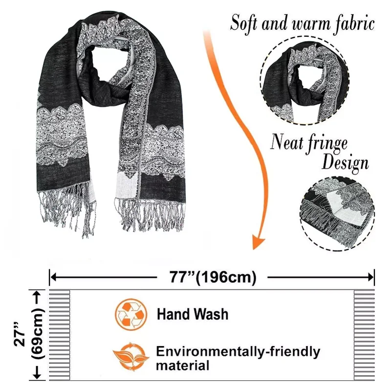 Paisley Pashmina Scarf Shawl Wrap Reversible Border Elegant Colors 22x72 Acrylic