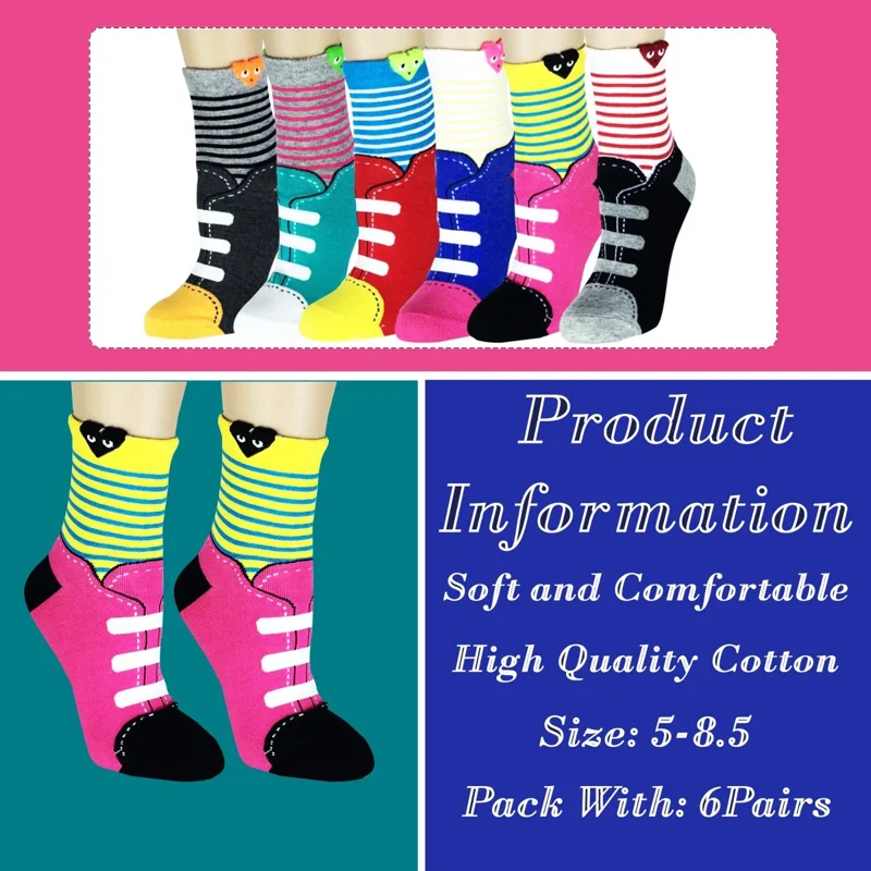 Sneakers Print Crew Socks 6-Pack - Novelty Crew Socks for Kids & Teens - Multicolor Cotton Blend